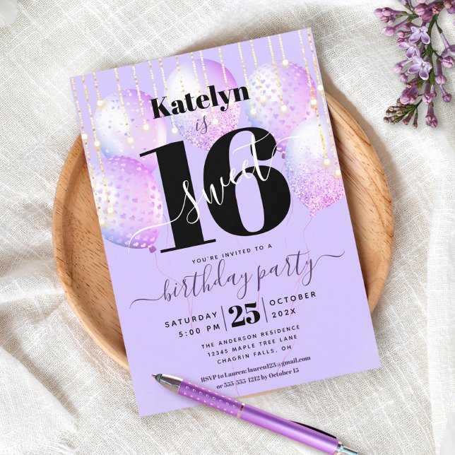 Invitación Morado dulce 16 cumpleaños Girly Glam Balloon Scri (Subido por el creador)