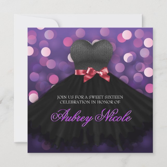 Invitación Morado dulce Dieciséis Vestidos Negros Invitados (Anverso)