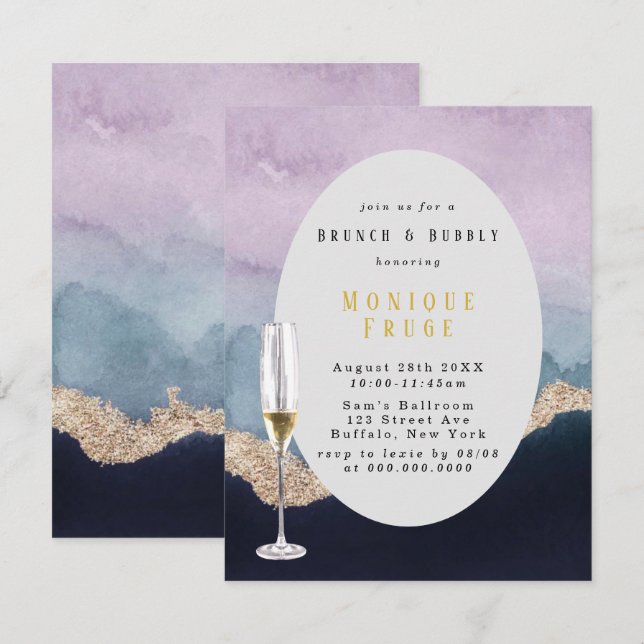 Invitación Morado Dusty Blue Agate Brunch & Bubbly (Anverso / Reverso)