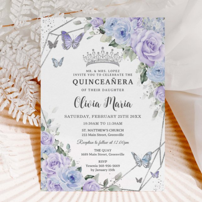 Invitación Morado Dusty Blue Floral Butterflies Quinceañera (Subido por el creador)