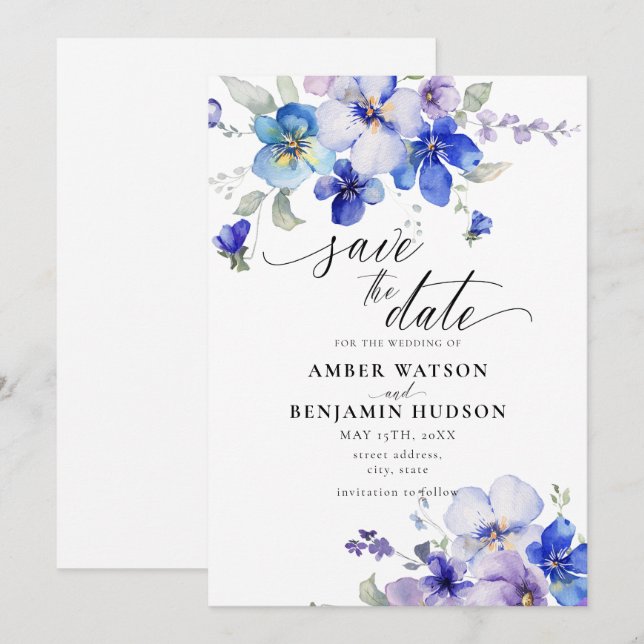 Invitación Morado Dusty Blue Lavender Floral Ahorra La Fecha (Anverso / Reverso)