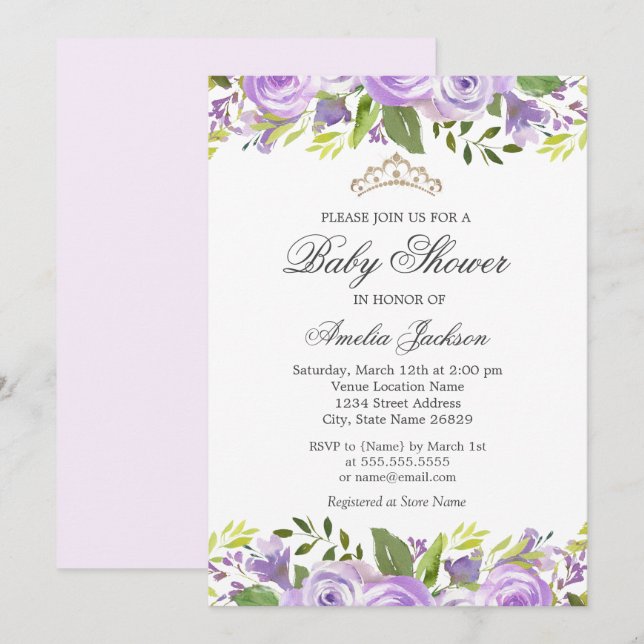 Invitación morado elegante acuarela Floral Baby Shower (Anverso / Reverso)