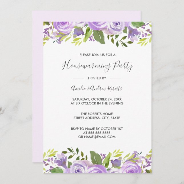 Invitación Morado Elegante acuarela Floral Casa caliente (Anverso / Reverso)