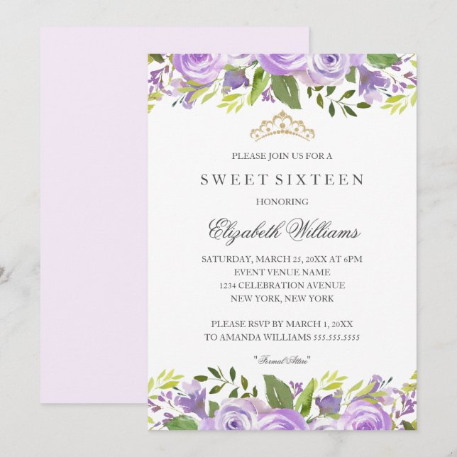 Invitación Morado Elegante Acuarela Floral Dulce Dieciséis (Anverso / Reverso)