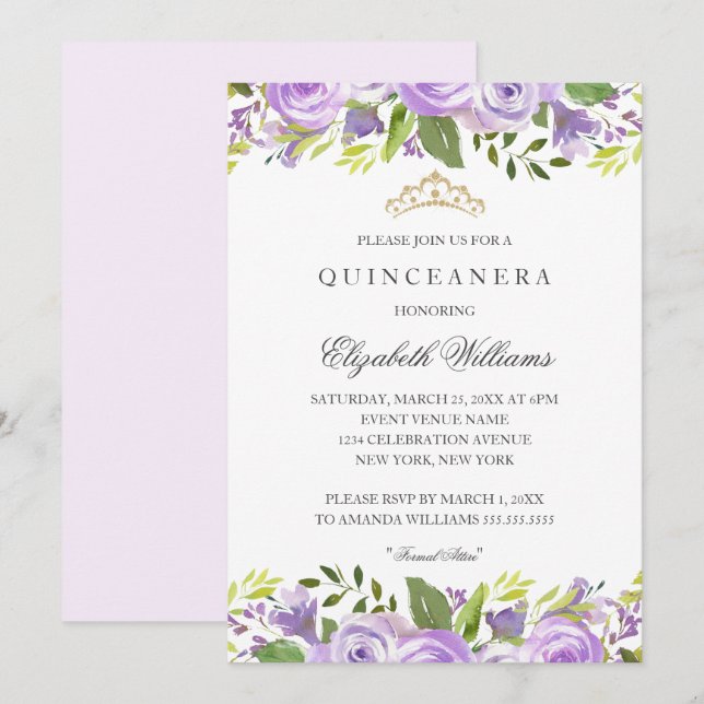 Invitación Morado Elegante acuarela Floral Quinceanera (Anverso / Reverso)