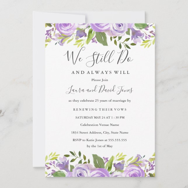 Invitación Morado elegante acuarela Floral Vow Renovación (Anverso)