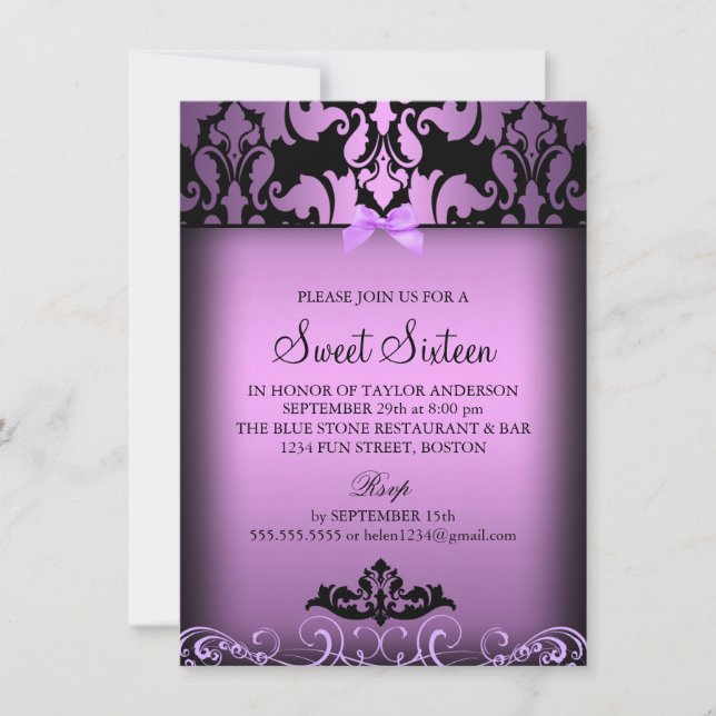 Invitación Morado elegante Damask Sweet 16 Fiestas Invitados (Anverso)