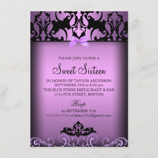 Invitación Morado elegante Damask Sweet 16 Fiestas Invitados