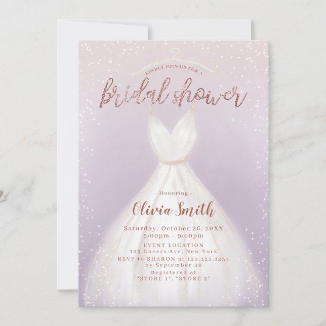 Invitación Morado elegante vestido de novia ducha de novia (Anverso)