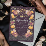 Invitación Morado Encantado Jardín Floral Quinceanera<br><div class="desc">¡Celebra tu Quinceañera en un jardín encantado! Esta invitación se caracteriza por un marco exuberante de flores naranjas y violetas con acentos dorados sobre un fondo morado, añadiendo un toque mágico a tu día especial. Personalízalo para satisfacer tus necesidades. NOTA: El oro que aparece en este producto NO es un...</div>