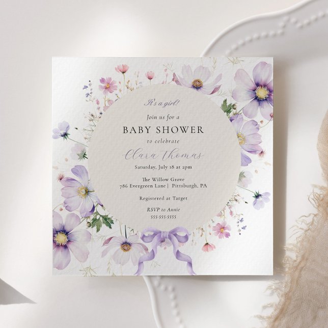 Invitación Morado es un Chica Floral Bow Baby Shower (Subido por el creador)