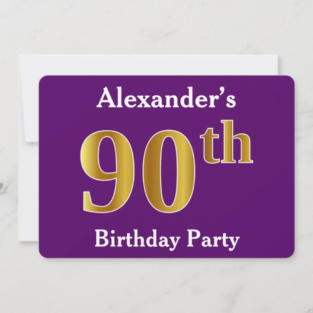 Invitación Morado, Faux Gold 90th Birthday Party; Nombre pers (Anverso)
