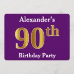 Invitación Morado, Faux Gold 90th Birthday Party; Nombre pers<br><div class="desc">Este diseño de invitación presenta el número ordinal "90" con un aspecto falso dorado. También tiene un nombre personalizado y un fondo morado. Los detalles del evento en la parte posterior se pueden personalizar. Se podría usar para invitar a la gente a la fiesta de cumpleaños número noventa de alguien....</div>