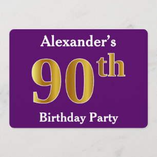 Invitación Morado, Faux Gold 90th Birthday Party; Nombre pers