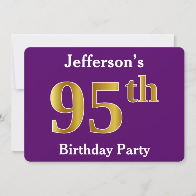 Invitación Morado, Faux Gold 95th Birthday Party; Nombre pers (Anverso)