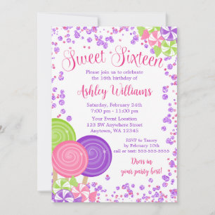 Invitación Morado Faux Purpurina Candy Tema Dulce 16