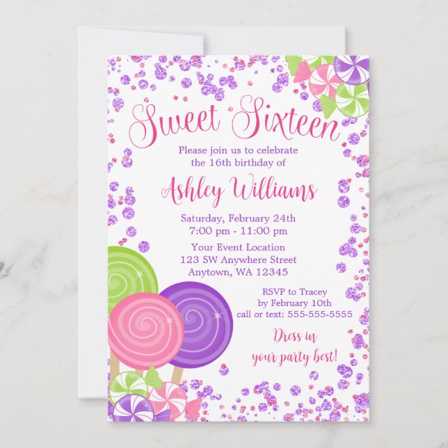 Invitación Morado Faux Purpurina Candy Tema Dulce 16 (Anverso)