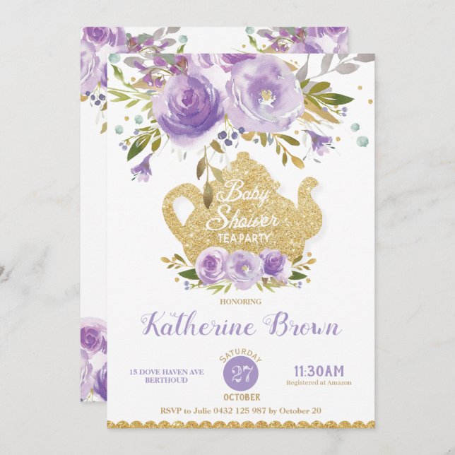 Invitación Morado Fiesta de té en Baby Shower con alto conten (Anverso / Reverso)