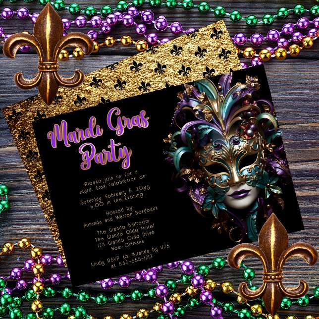 Invitación Morado | Fiesta Máscara Verde azulada de Mascarada (Purple and Teal Masquerade Mask Mardi Gras Party Invitation)
