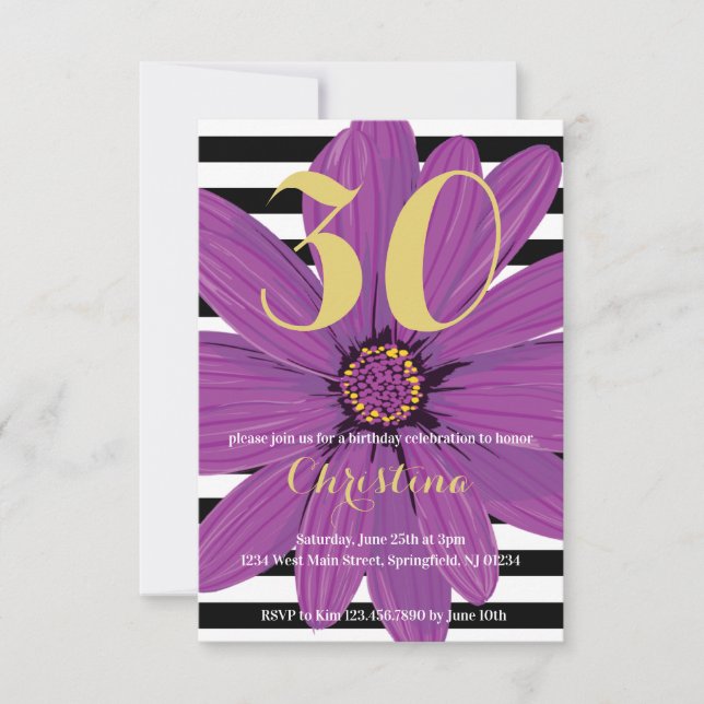 Invitación Morado Flor negro y blanco rayado Cumpleaños (Anverso)