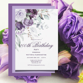Invitación Morado Floral 100 cumpleaños acuarela moderna