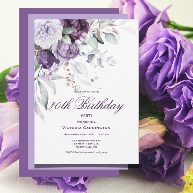 Invitación Morado Floral 40 cumpleaños acuarela moderna (Subido por el creador)