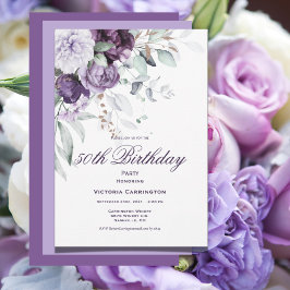 Invitación Morado Floral 50 cumpleaños acuarela moderna