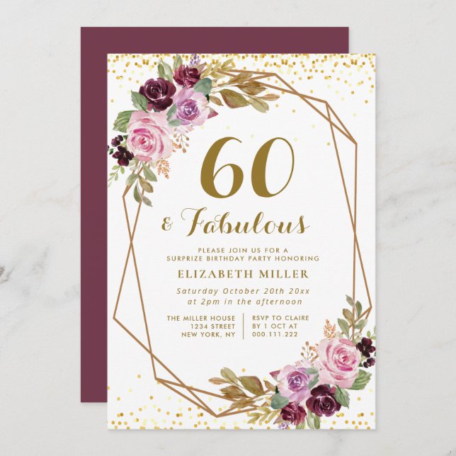 Invitación morado floral 60 cumpleaños (Anverso / Reverso)