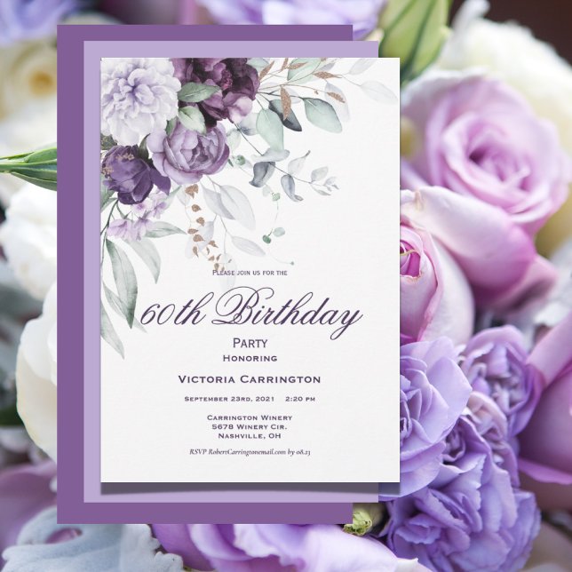 Invitación Morado Floral 60 cumpleaños acuarela moderna (Subido por el creador)