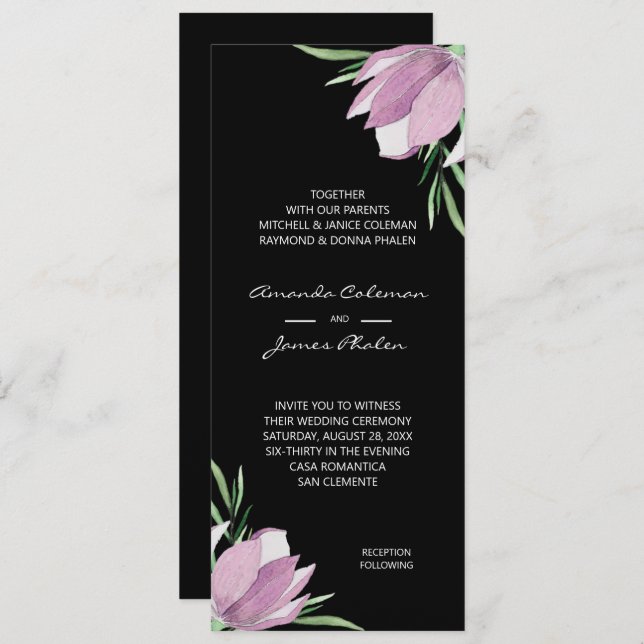 Invitación Morado Floral acuarela Boda negro (Anverso / Reverso)