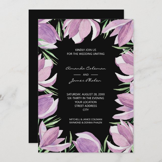 Invitación Morado Floral acuarela Boda negro (Anverso / Reverso)