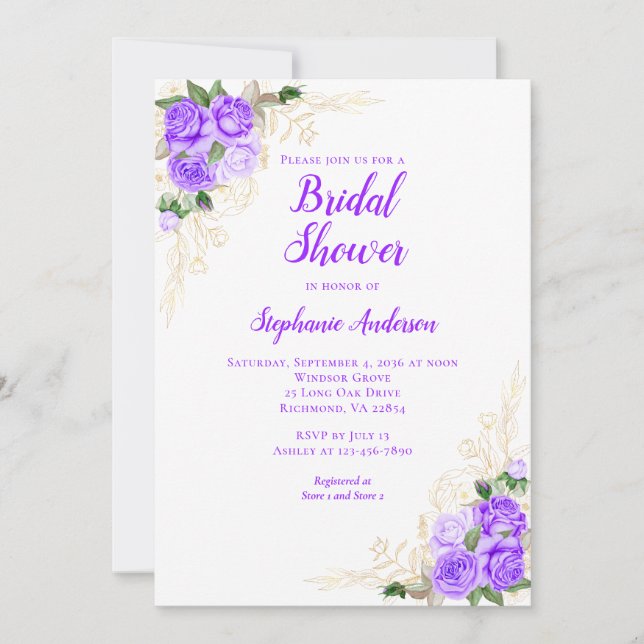 Invitación Morado Floral acuarela dorada ducha de novia (Anverso)