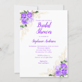 Invitación Morado Floral acuarela dorada ducha de novia