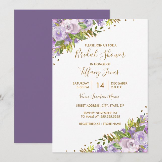 Invitación Morado Floral acuarela dorada ducha de novia (Anverso / Reverso)