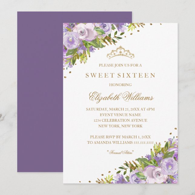 Invitación Morado Floral Acuarela Dorado Dieciséis (Anverso / Reverso)