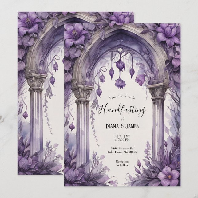 Invitación Morado Floral Acuarela Gothic Pagan Handfasting (Anverso / Reverso)