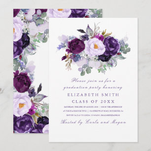 Invitación Morado Floral acuarela Romántico Partido de Gradua