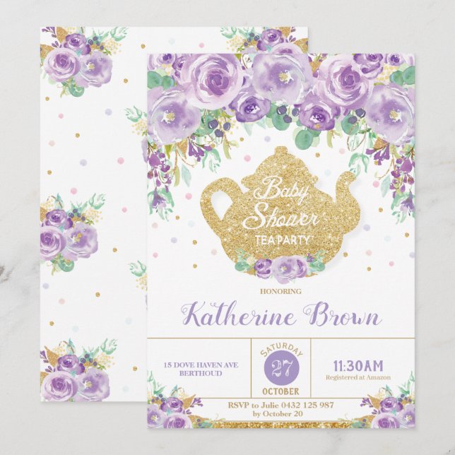 Invitación Morado Floral Baby Shower Tea Fiesta Baby Girl (Anverso / Reverso)