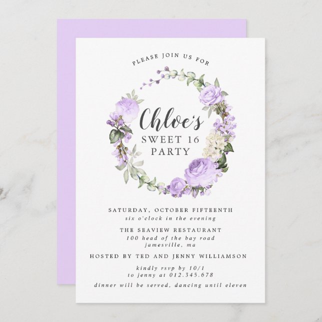 Invitación Morado Floral Blanco Dulce Dieciséis Fiestas (Anverso / Reverso)