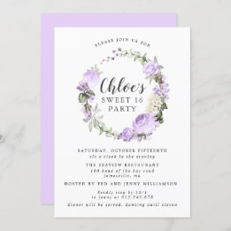Invitación Morado Floral Blanco Dulce Dieciséis Fiestas