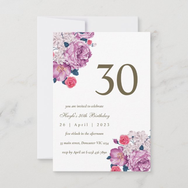 Invitación Morado Floral Botánica Moda simple 30 cumpleaños (Anverso)