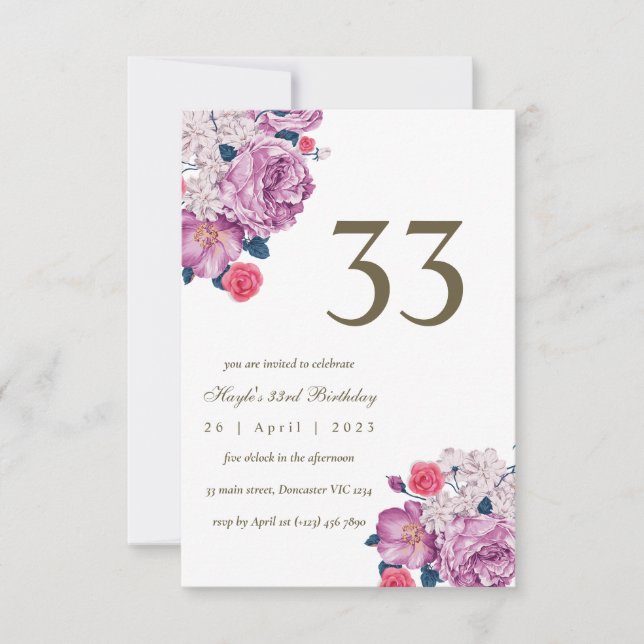 Invitación Morado Floral Botánica Moda simple 33 cumpleaños (Anverso)