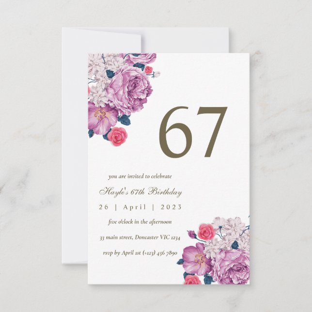 Invitación Morado Floral Botánica Moda simple 67º cumpleaños (Anverso)
