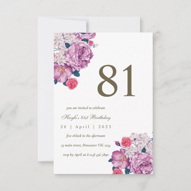 Invitación Morado Floral Botánica Moda simple 81º cumpleaños (Anverso)