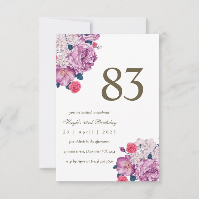 Invitación Morado Floral Botánica Moda simple 83 cumpleaños (Anverso)