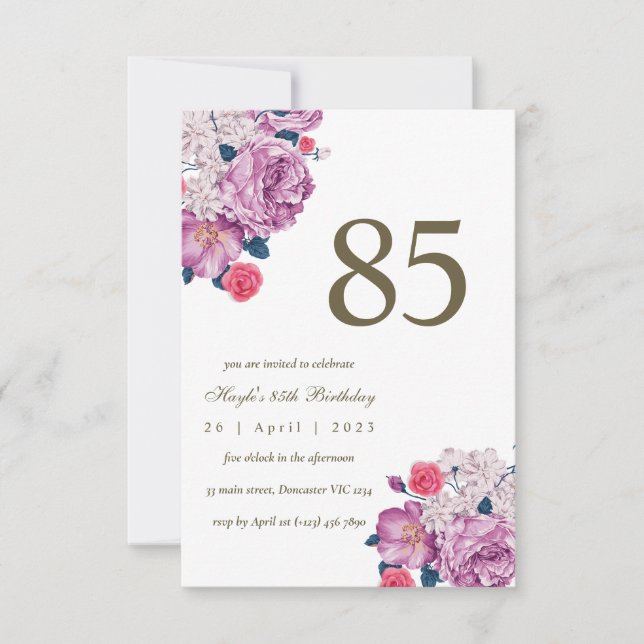 Invitación Morado Floral Botánica Moda simple 85º cumpleaños (Anverso)