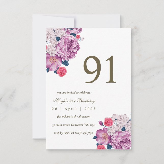 Invitación Morado Floral Botánica Moda simple 91º cumpleaños (Anverso)