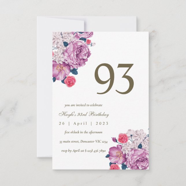 Invitación Morado Floral Botánica Moda simple 93 cumpleaños (Anverso)