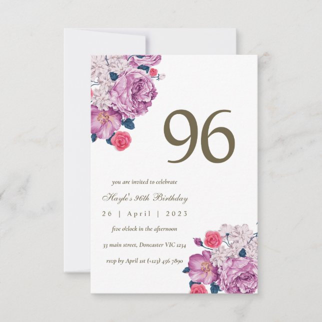 Invitación Morado Floral Botánica Moda simple 96º cumpleaños (Anverso)