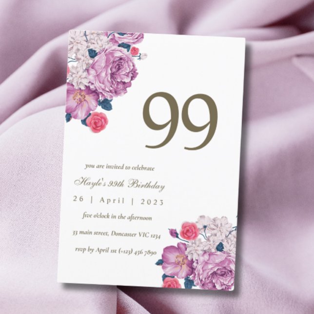 Invitación Morado Floral Botánica Moda simple 99º cumpleaños (Subido por el creador)